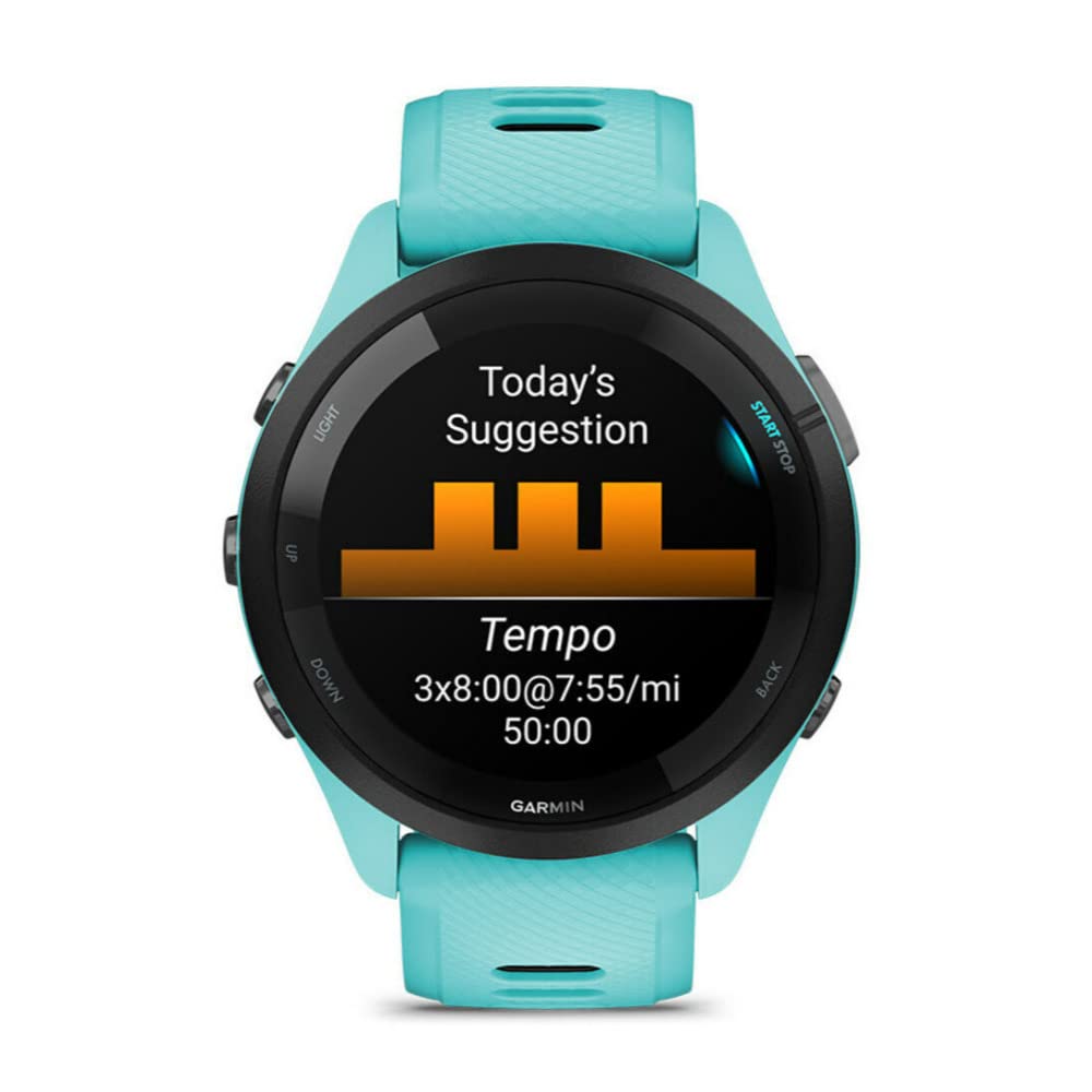 Garmin Forerunner 265 Gps Running Smartwatch (Aqua) With Silicone Straps (Aqua/Black) Bundle With Portable Charger Stand And Usb