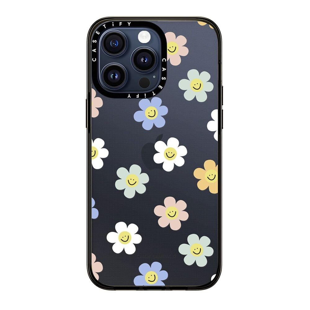 Casetify Compact Case For Iphone 15 Pro Max [2X Military Grade Drop Tested / 4Ft Drop Protection]   Happy Daisies   Clear Black