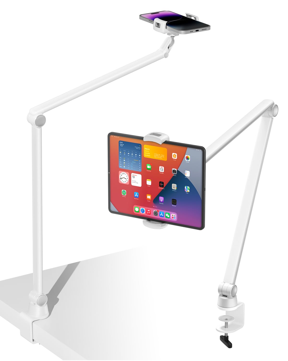 Viozon Overhead Phone Tablet Stand Holder Mount With Flexible Long Arm,3.5-13'' Devices, Height&Angle Adjustable, Heavy Duty, Be