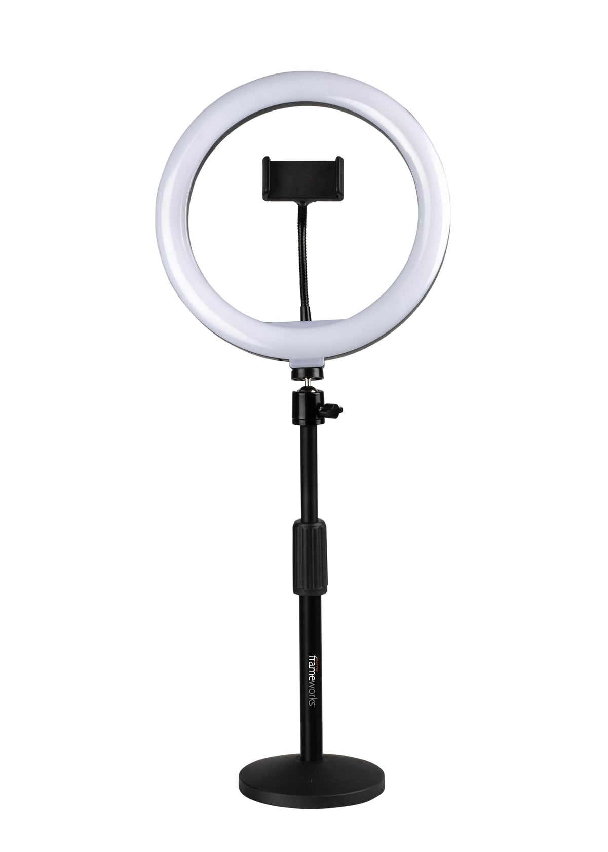 Gator Frameworks 10-Inch LED Desktop Ring Light Stand with Phone Holder and Compact Weighted Base; (GFW-RINGLIGHTDSKTP)
