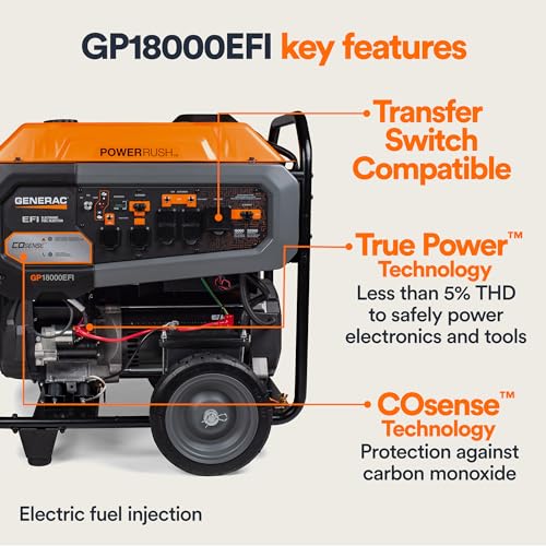 Generac 8917 Gp18000Efi 18,000 Watt Gas Powered Electric Start Portable Generator With Cosense & Efi Engine, Transfer Switch Com