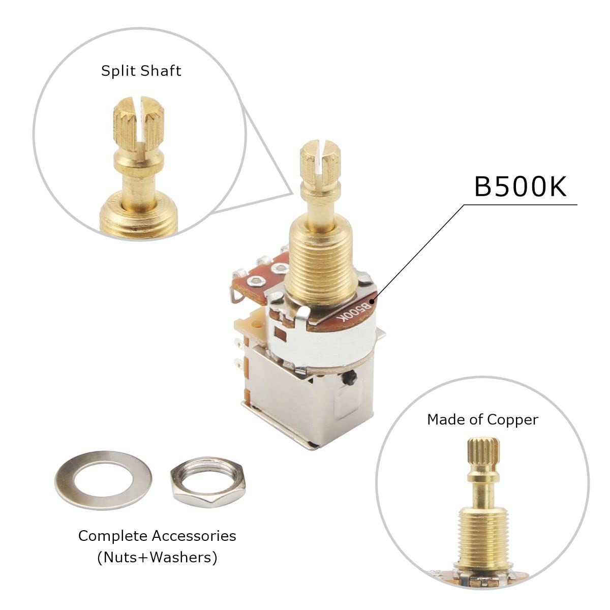 Fleor 2Pcs B500K Push Push Guitar Pots Linear Taper Potentiometers Long Copper Split Shaft