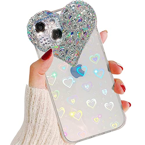 Enytdmo Cute Iphone 13 Case 3D Glitter Sparkle Bling Case For Women Girls, Pretty Rhinestone Diamond Cute Aesthetic Love Heart P