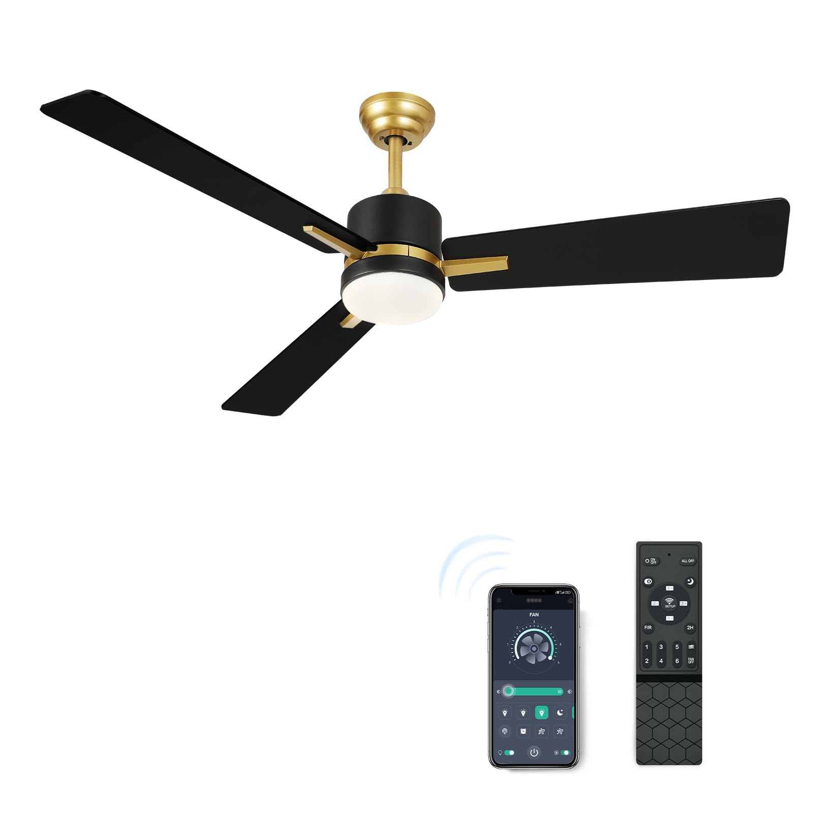 Yitahome 48 Inch Black Gold Ceiling Fan With Light Remote And App Control, Modern Dimmable Fanlight For Indoor Outdoor With Reve