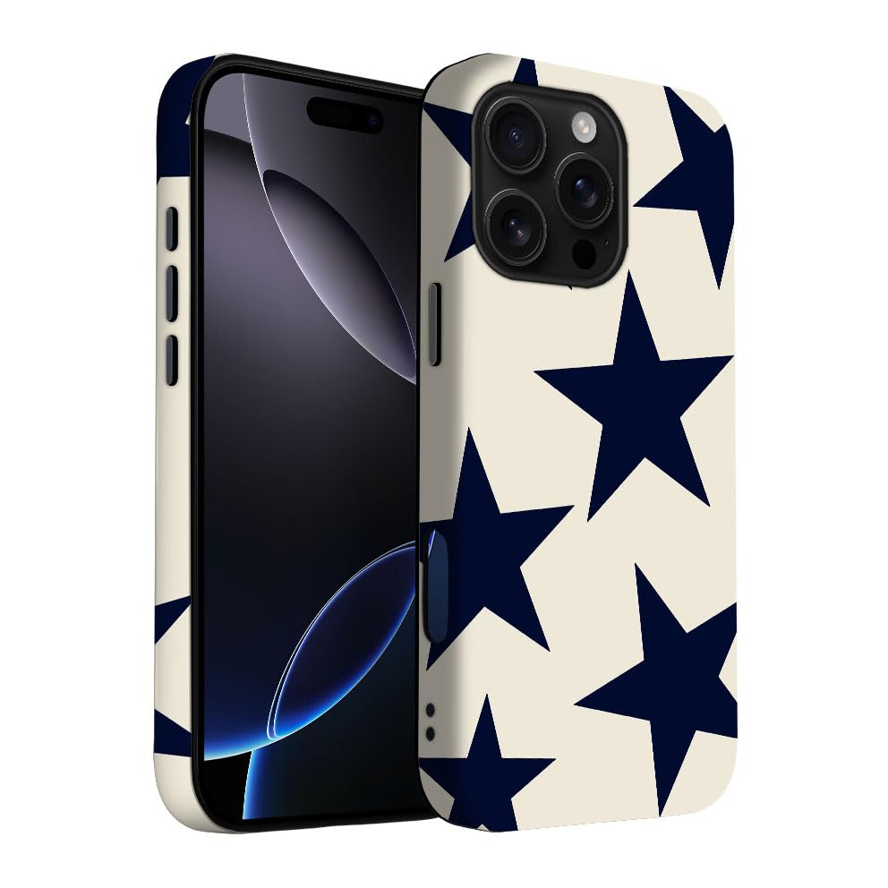 Yuzbira for iPhone 16 Pro Case | Beige Navy Blue Stars | Slim Drop Protection Design