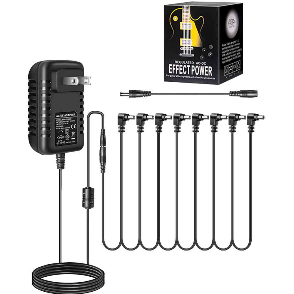 Pigtone Guitar Pedal Power Supply Adapter 9V Dc 2A Tip Negative 8 Way Daisy Chain Cables For Guitar Effect Pedal,Compatible For