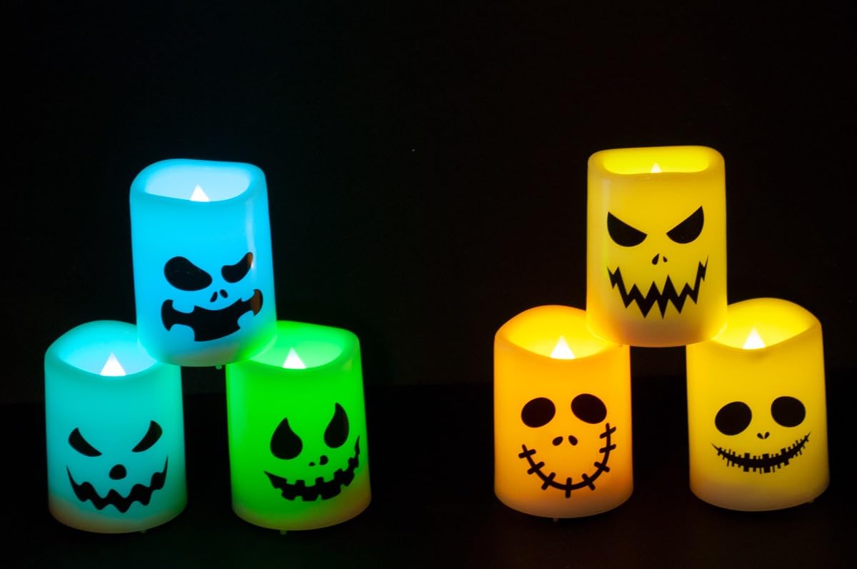 Kunswenn Halloween Candles, Halloween Tealights Candles Battery Operated, Flameless Flickering Colorful Votive Candles With Remo
