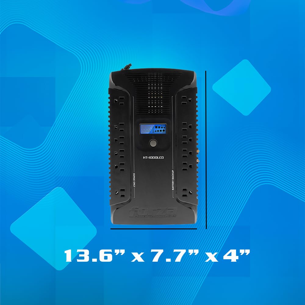 Forza Ups 1000Va/600W Line Interactive Uninterrupted Battery Backup Supply, 12 Outlets, Avr, Lcd Screen, Usb, Coaxial, 3 Year Wa