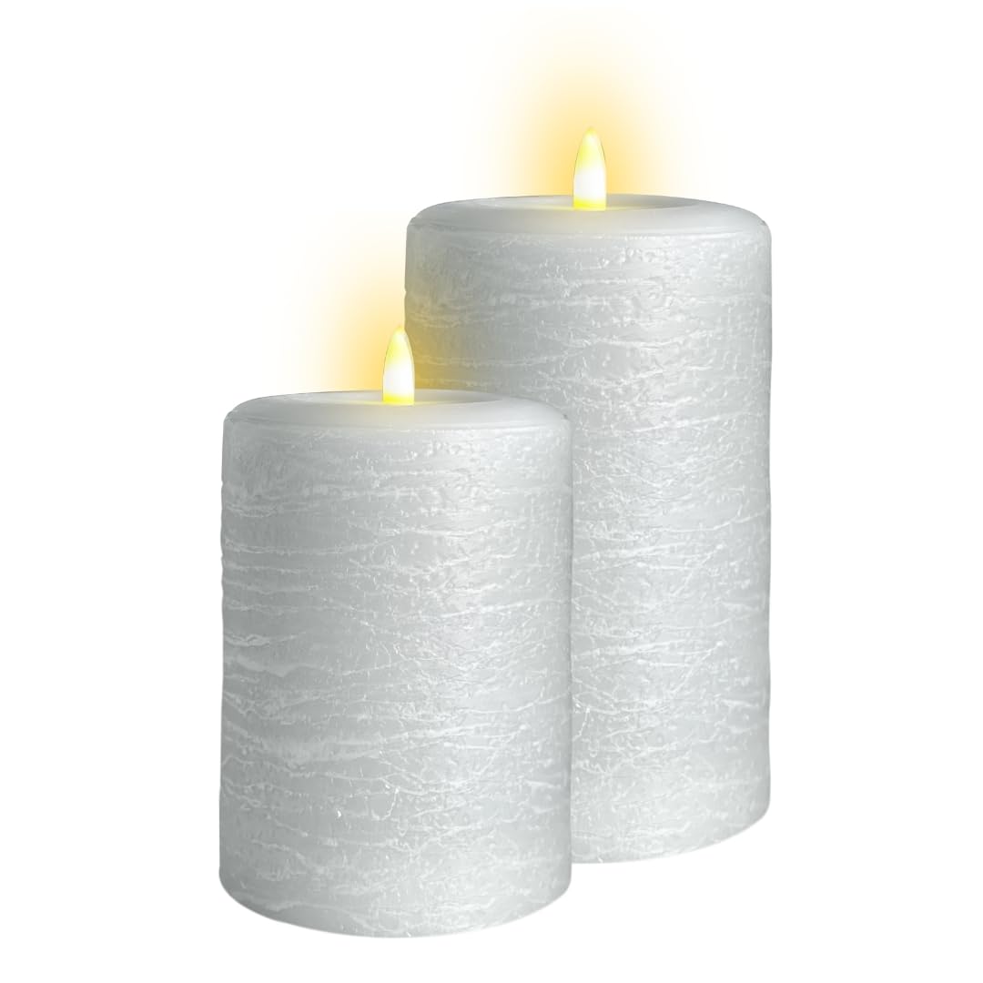 Lumipur Signature Natural Glow Flameless Wax Pillar 2 Pack Led Candle 3.5'' X 5'' And 3.5'' X 7'' Gray Fog
