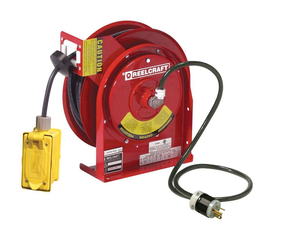 Reelcraft L 4545 123 7A Heavy Duty Power Cord Reel, 12 AWG/3 Conductors x 45, 20 AMP, Duplex GFCI Outlet, Cord Included