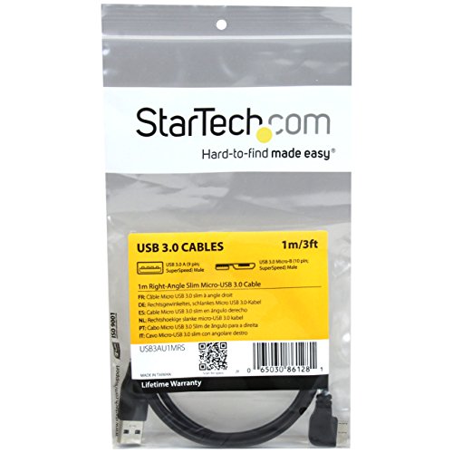 Startech.Com 1M 3 Ft Slim Micro Usb 3.0 Cable M/M   Right Angle Micro Usb   Usb 3.0 A To Micro B   Angled Micro Usb   Usb 3.1 Ge