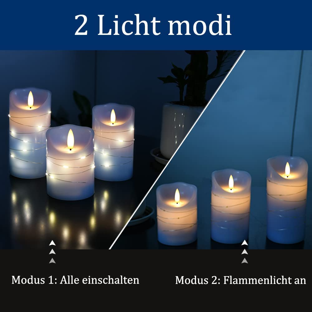 Danip Sky Blue Led Flameless Candle, With Embedded Star String, 3 Piece Set Of Led Candles, With 11 Button Remote Control, 24 Ho