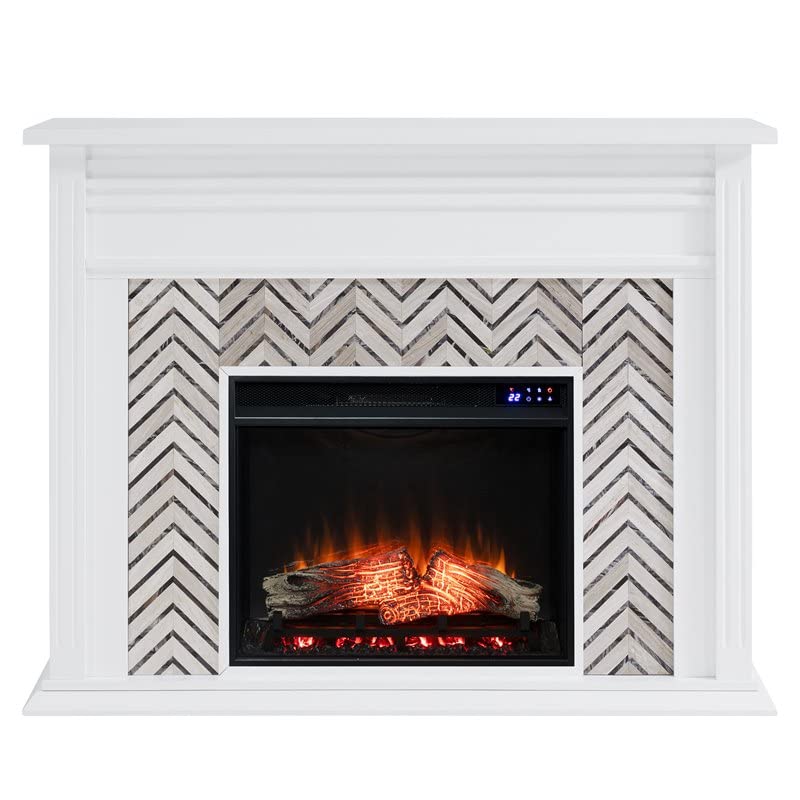 Sei Furniture Hebbington Wood Tiled Marble Electric Fireplace In White