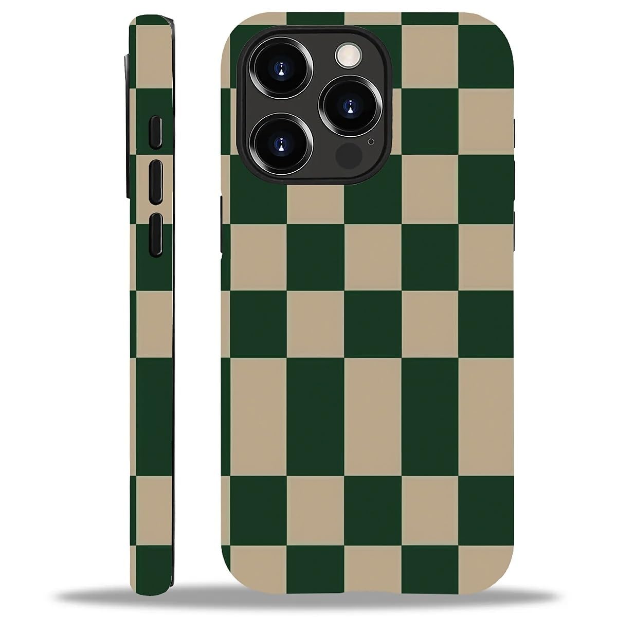 WANKBLC Compatible with iPhone 14 Pro Matte Case, Dark Green Beige Checkerboard Pattern for Girl Full Body Design Soft Silicone 