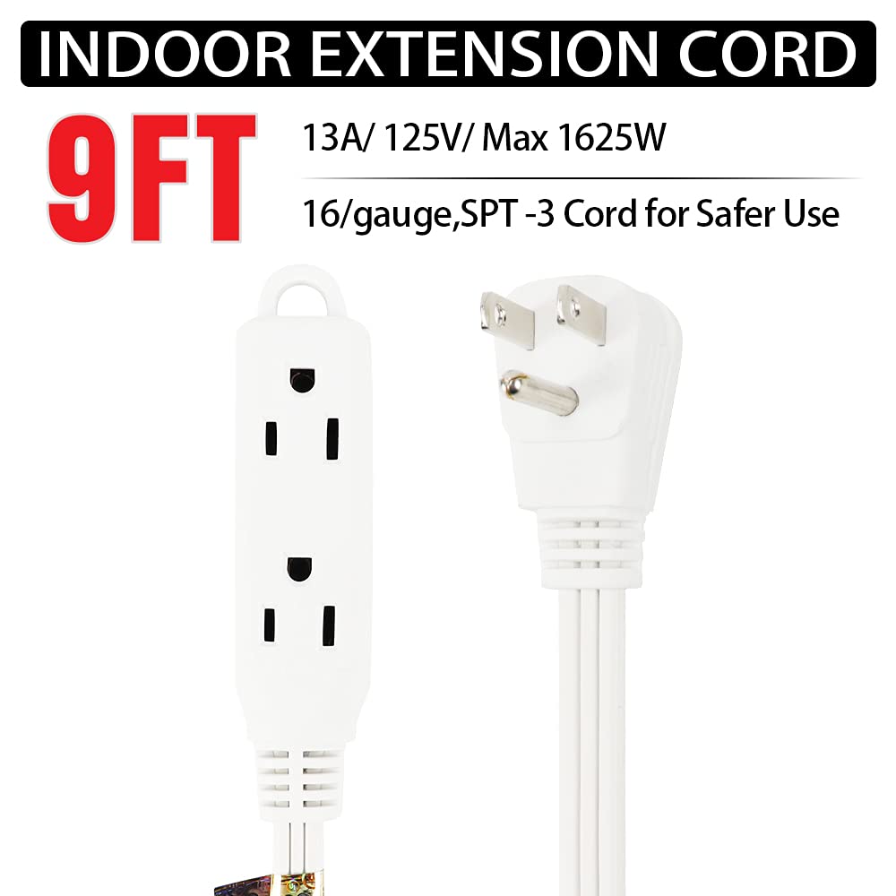 Ep 9 Ft 3 Outlet Extension Cord With Flat Plug, 3 Prong Grounded, 16/3 Spt 3 Power Cable For Indoor Use, White, 2 Pack