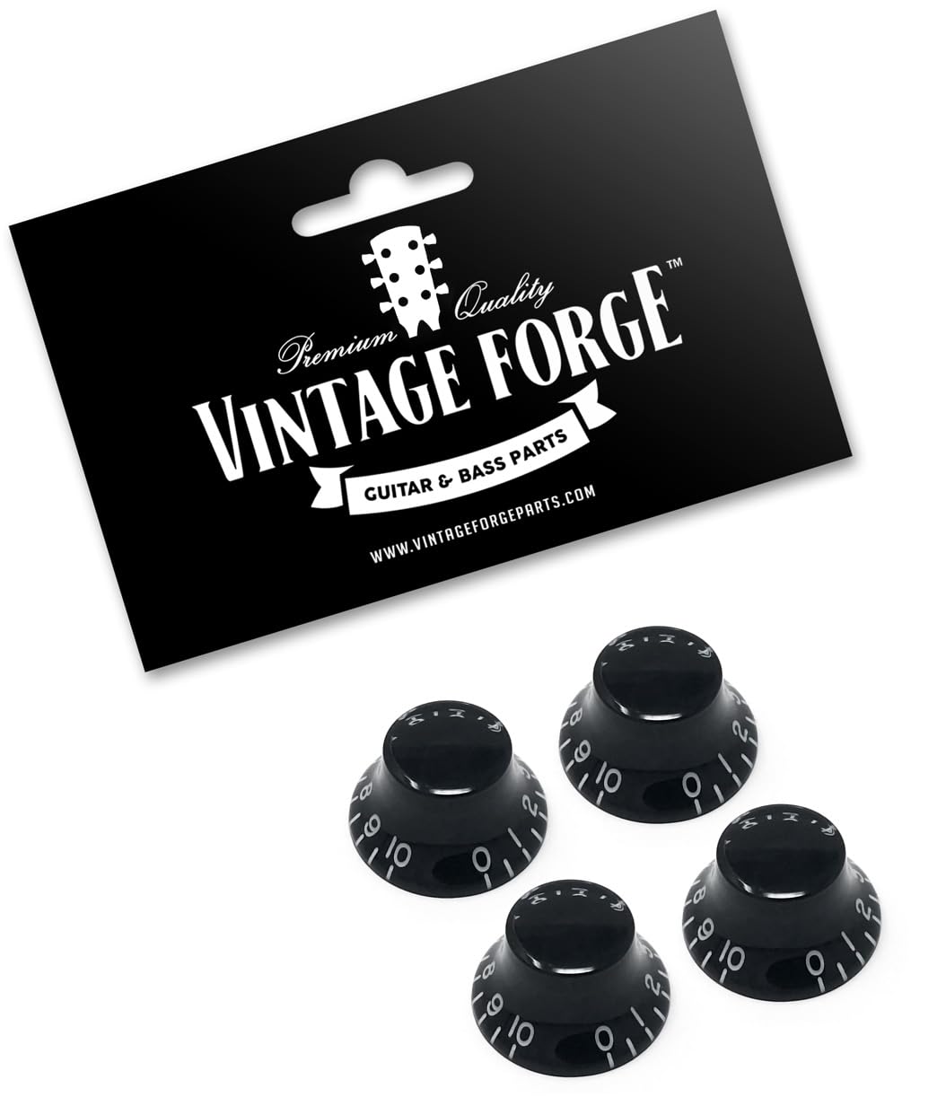 Vintage Forge Black Top Hat Bell Knobs Compatible With Gibson Les Paul Electric Guitar (Set Of 4) Fits 24 Fine Spline Usa (Imper