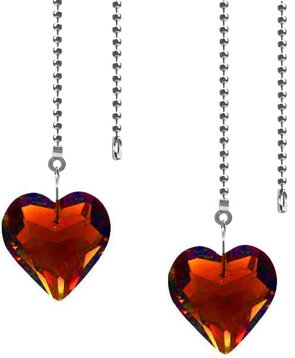 Hyamass 2Pcs Crystal Heart Prisms Pendant Ceiling Fan Pull Chain Extender With Ball Chain Connector (Amber)
