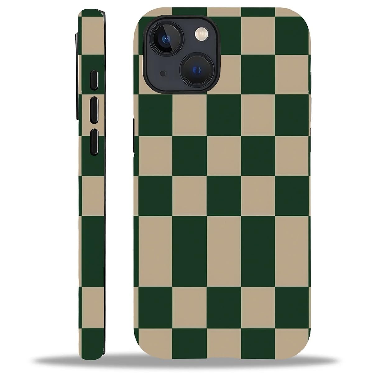 WANKBLC Compatible with iPhone 15 Matte Case, Dark Green Beige Checkerboard Pattern for Girl Full Body Design Soft Silicone Drop