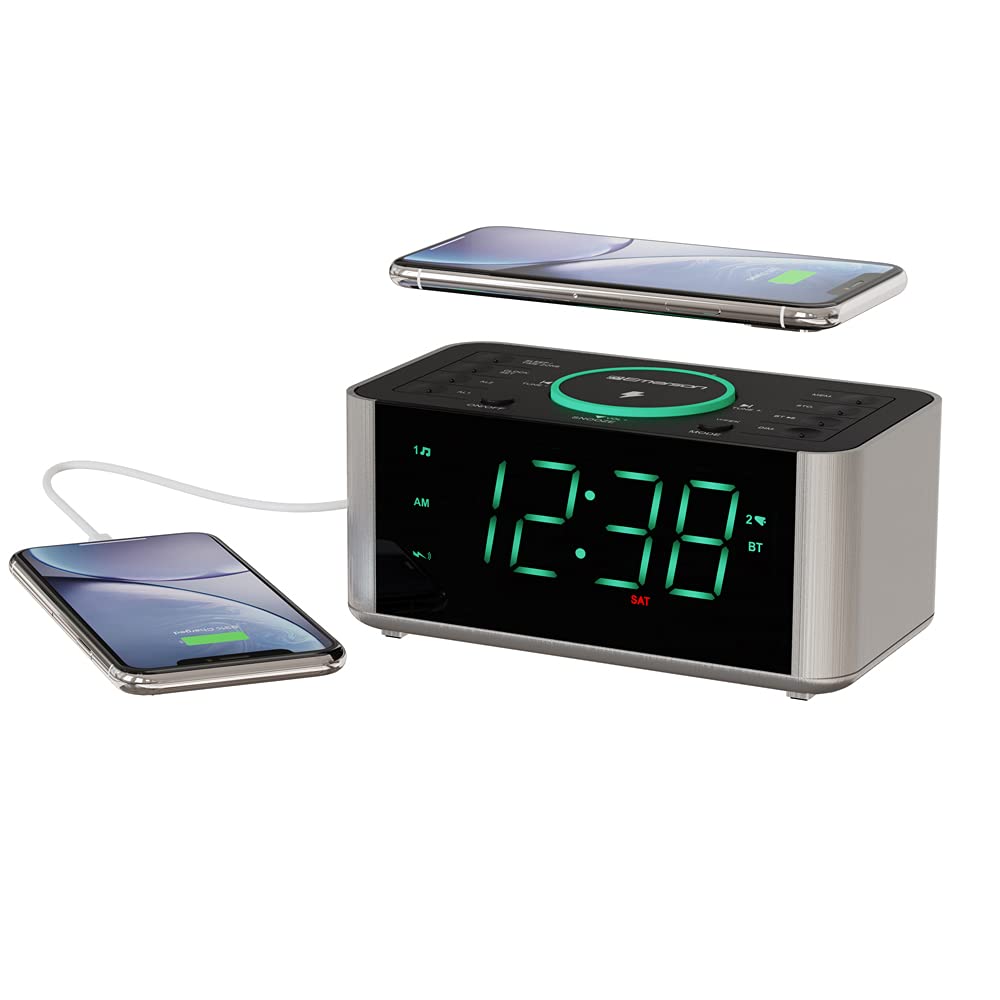 Emerson Smartset Dual Alarm Clock Radio And Qi Wireless Phone Charger With Bluetooth, All Qi Compatible Phones, Er100202