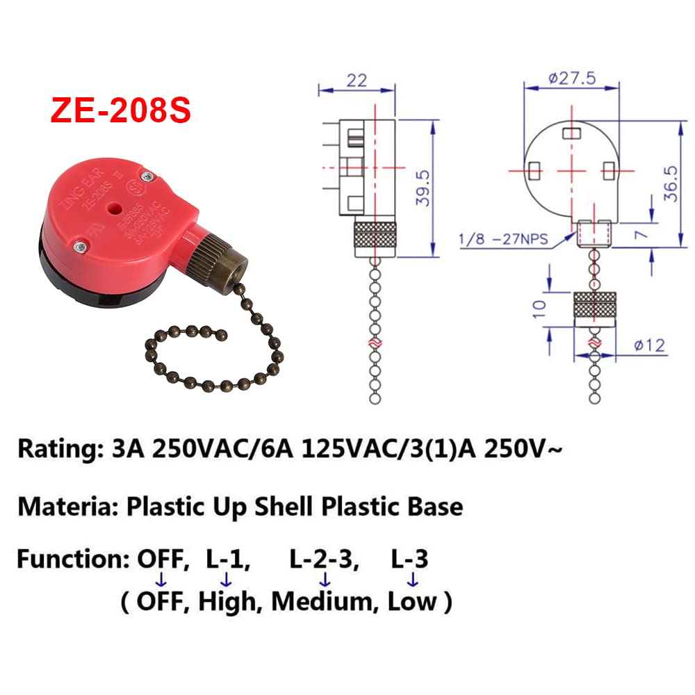 Zing Ear Ze 208S Pull Chain Switch,3 Speed Control Switch Compatible With Hunter Ceiling Fans, Lamps And Wall Lights (Bronze Pul