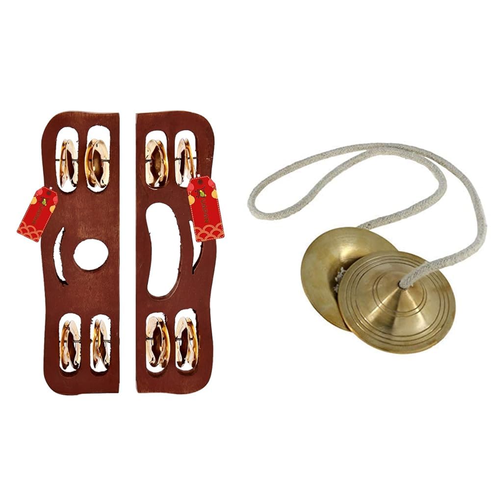 Uapan Wood Narad Muni Kartal For Kirtan I Bhajan Musical Instrument I Pair Of 1 & Uapan Metal Craft Brass Manjeera Traditional I