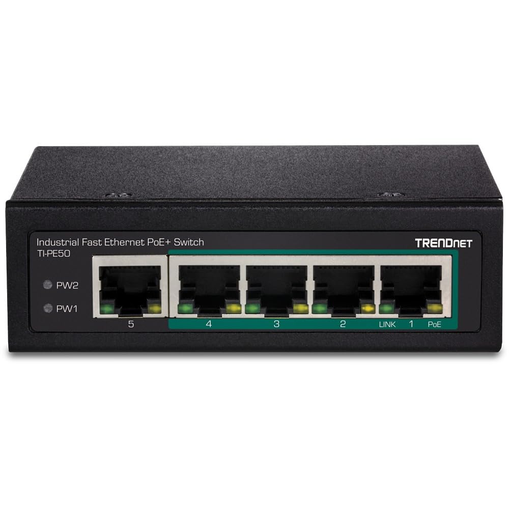 Trendnet 5 Port Industrial Fast Ethernet Din Rail Switch, 4 X Fast Ethernet Poe+ Ports, 1 X Fast Ethernet Port, 90W Poe Power Bu