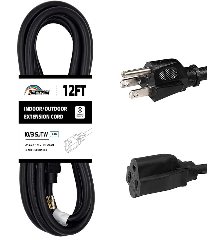 Honderson Indoor Outdoor Extension Cord Weatherproof, Ul Listed, 10 Gauge 12Ft Black 3 Prong Heavy Duty, 10/3 Sjtw 15A Power Cor