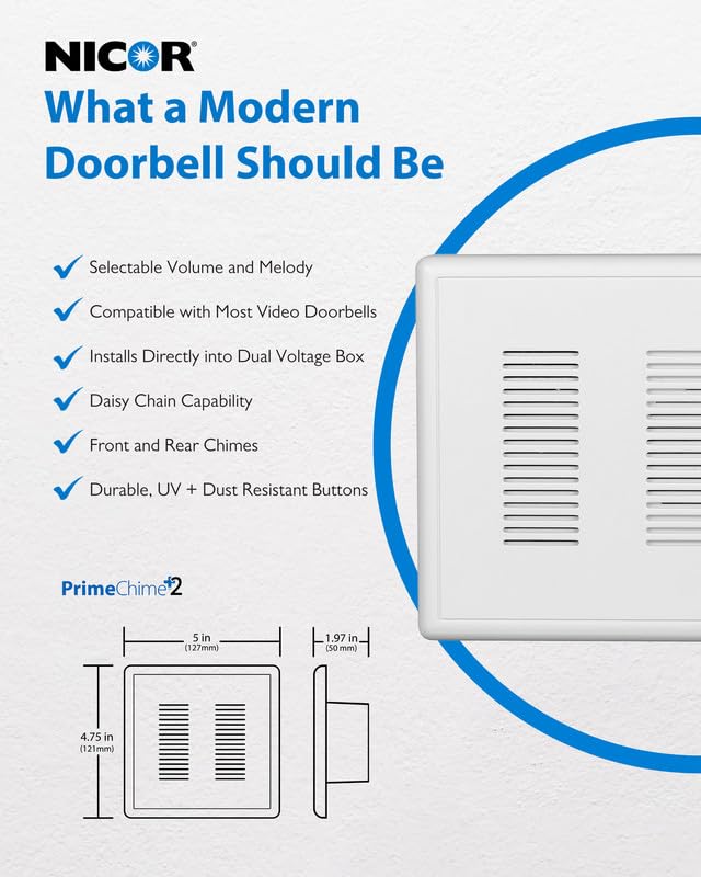 Primechime Plus 2 Electric Doorbell Kit   Doorbells For Home   Includes Selectable Ring Chimes   Stucco Button, Polished Brass