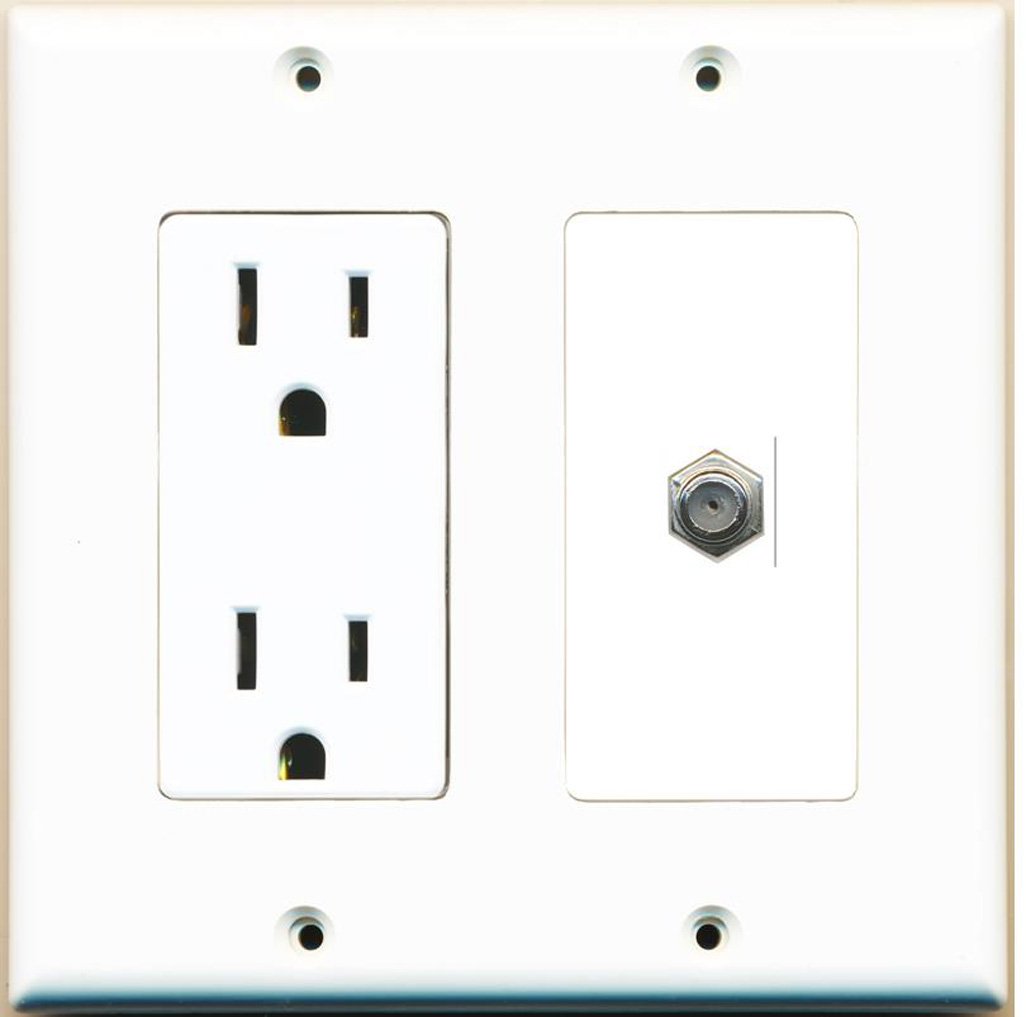 Riteav   15 Amp Power Outlet And 1 Port Coax Cable Tv  F Type Decorative Type Wall Plate   White