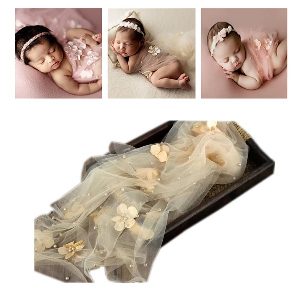 Coberllus Newborn Photography Props Boys Girls Wrap Blanket Baby Photo Shoot Floral Pearl Decorative Mesh Rug Layer Basket Fille