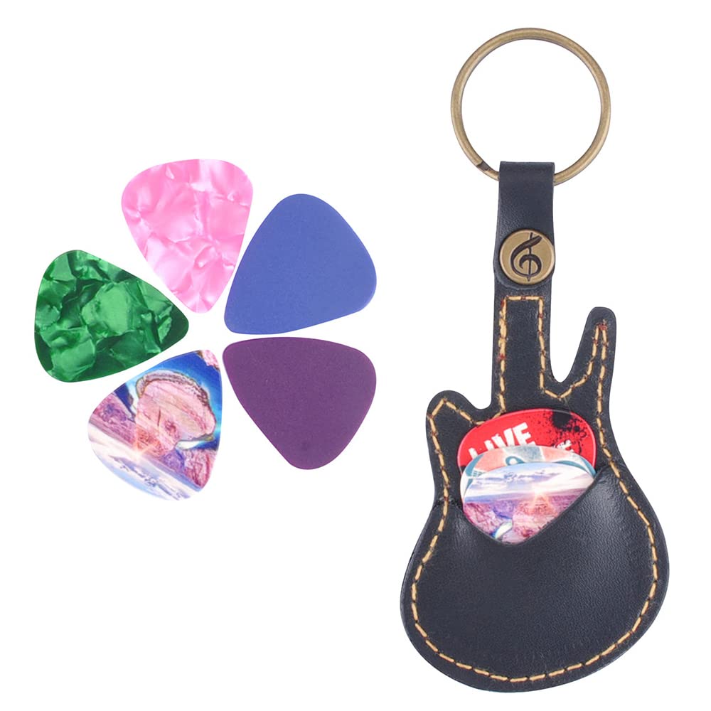 Leather Guitar Picks Holder With 5 Pcs Picks Set Guitar Shape Plectrum Case Bag Keychain Keyring Guitar Accessories Gifts For Me