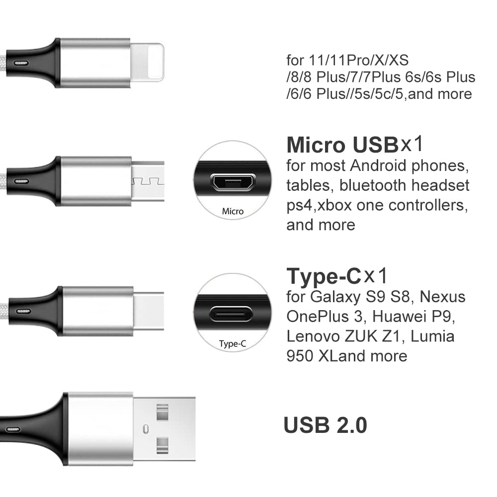 Multi Charging Cable, 10Ft 2Pack Multi Phone Charger Cable Braided Universal 3 In 1 Charging Cord Extra Long Multiple Usb Cable