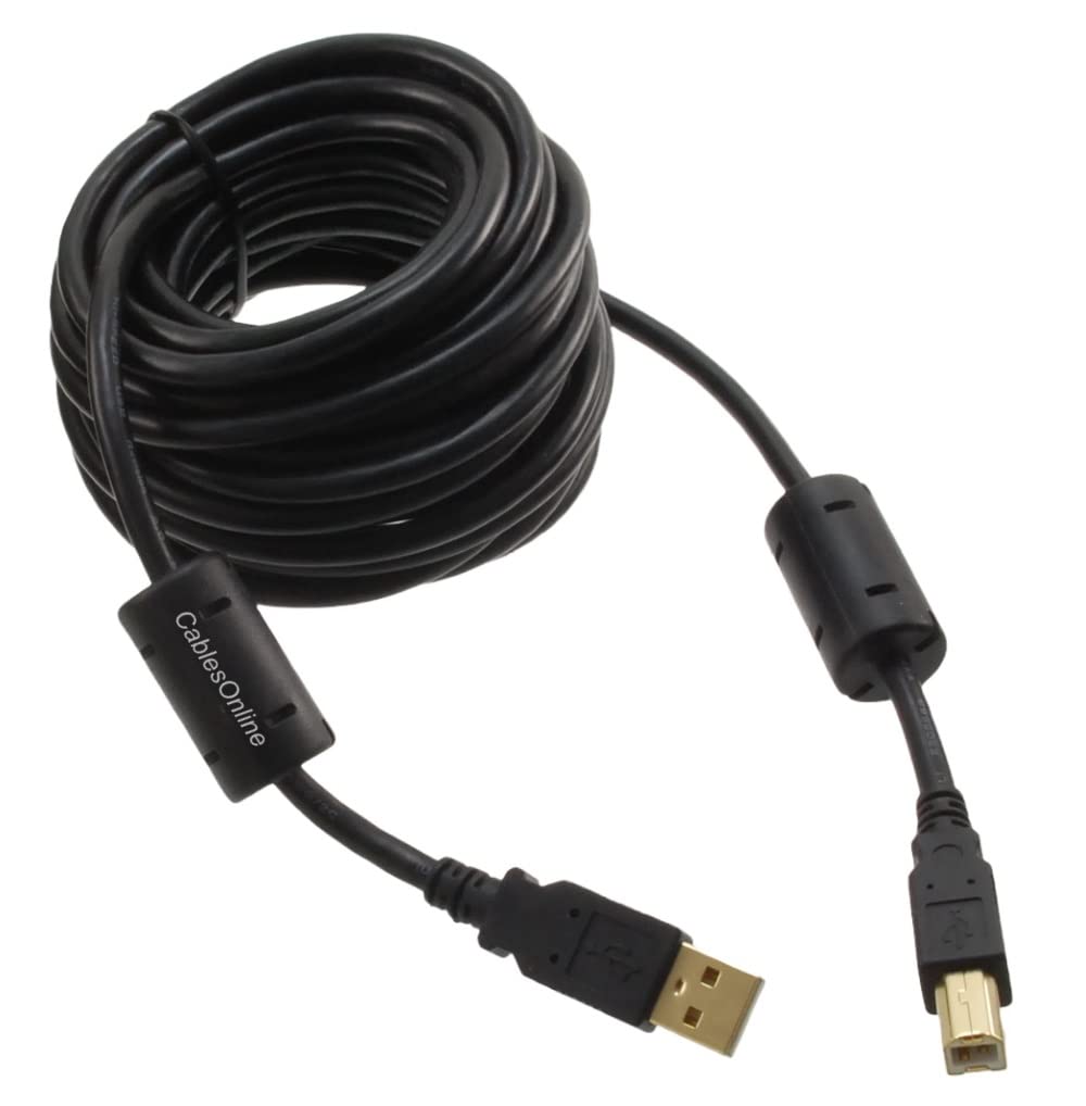 Cablesonline, 20 Feet Hi Speed Usb 2.0 A Male To B Male Cable With Two Ferrite Cores, 20 Awg, Gold Plated, Black, (Usb2 Ab20K)