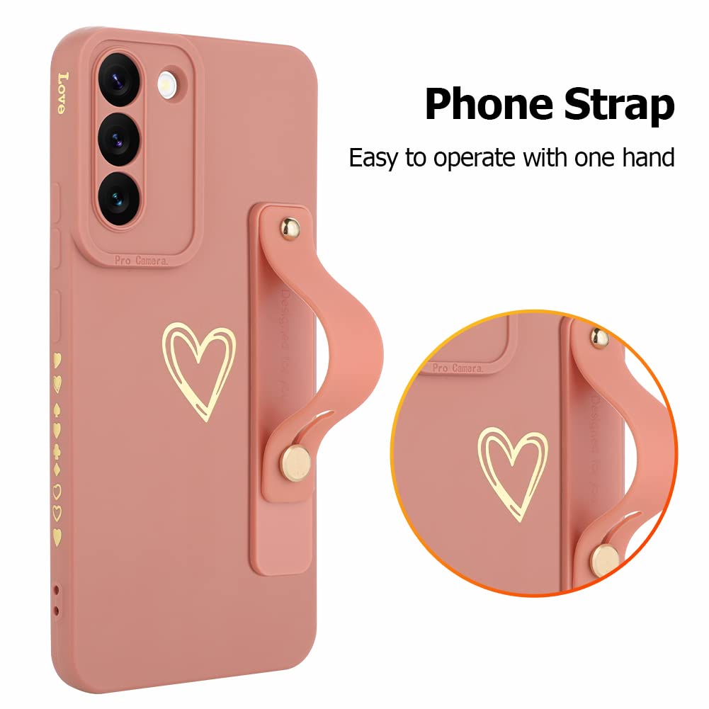 Fiyart Galaxy S22 5G Phone Case Love Hearts Pattern Slim Protective with Stand Wrist Strap Camera Protection TPU Pink