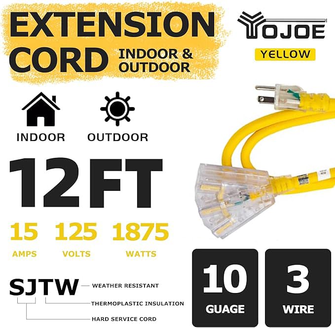 Yojoe 3 Outlets Indoor Outdoor Extension Cord With Lighted End, 3 Prong 15A Weatherproof Power Cord, 10 Gauge Heavy Duty 12 Ft Y