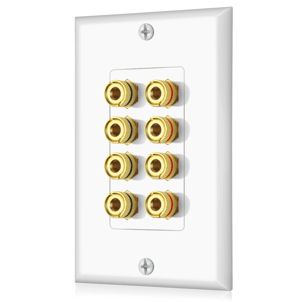 Banana Binding Post Two Piece Coupler Inset Wall Plate For 4 Speakers Standard Single Gang White