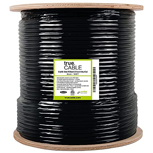 Truecable Cat6 Direct Burial, Gel Filled, 500Ft, Black, Waterproof, Cmx, 23Awg Solid Bare Copper, 550Mhz, Poe++ (4Ppoe), Etl Lis