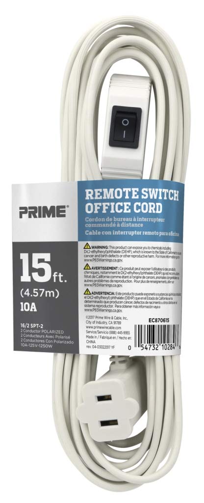 Prime Wire & Cable 15-Foot 16/2 SPT-2 Remote Switch Cord, White, Model EC870615, Durable Copper Material