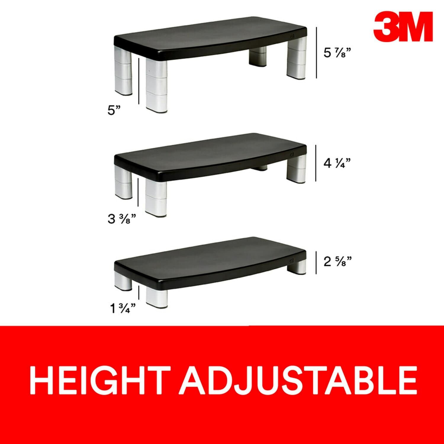 3M Extra Wide Adjustable Monitor Stand, Three Leg Segments Simply Adjust Height From 1'' To 5 7/8'', Sturdy Platform Holds Up To