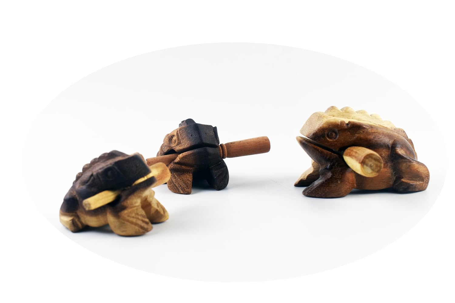 Guiros Percussion Instruments Wooden Frog 3 Piece Set Of 4 Inch, 3 Inch, 2.75 Inch, Wooden Frog Musical Instrument (Dark Brown C