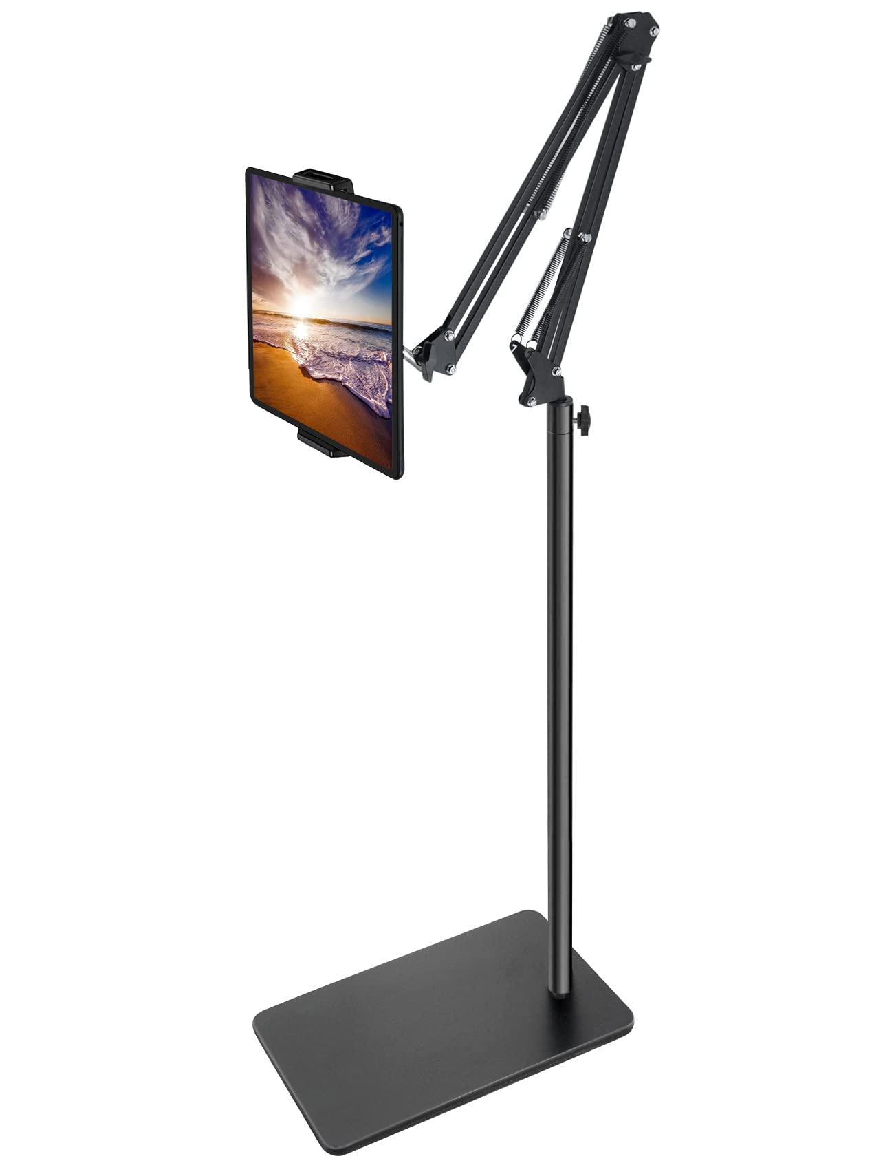 Tablet Floor Stand With Double Weight Base, Overhead Bed Phone Mount Height Adjustable Arm Stretchable Stand Holder, Compatible 