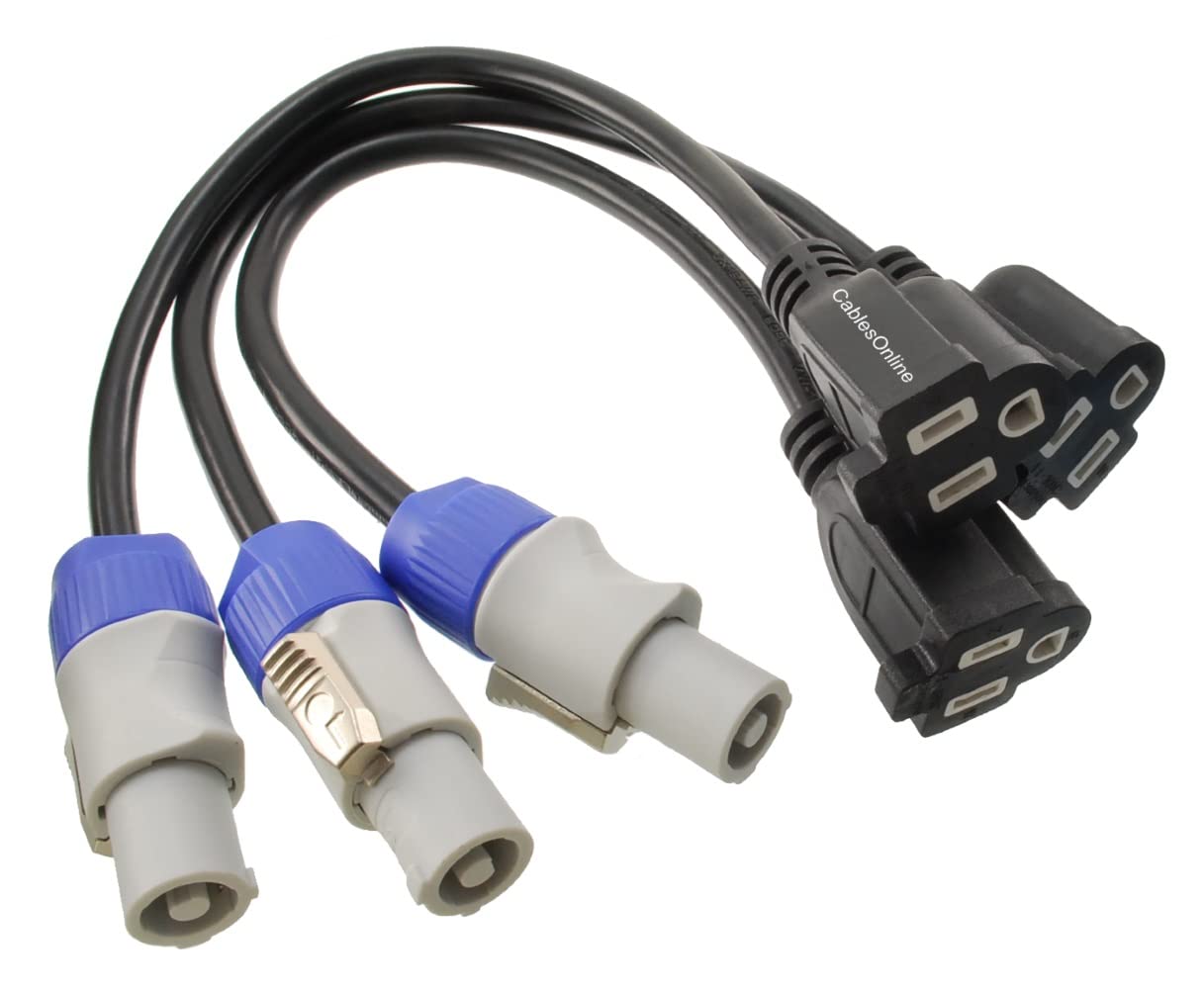 Cablesonline, 3 Pack 1Ft. 16Awg Stage Lighting Fixture Gray Blue Power Out Connector To 3 Prong Nema 5 15R Female Power Adapter