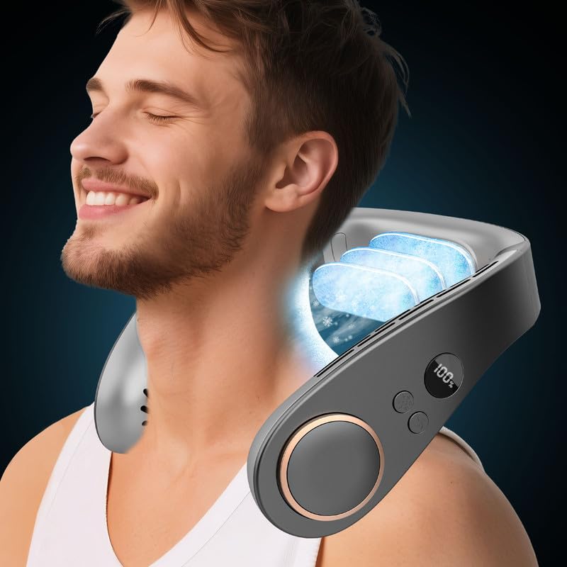 Neck Fans that Blow Cold Air Rechargeable,Quiet Leafless Hanging Neck Fan with Metal Cool Plates,Battery Operated Neck Ac Air Co