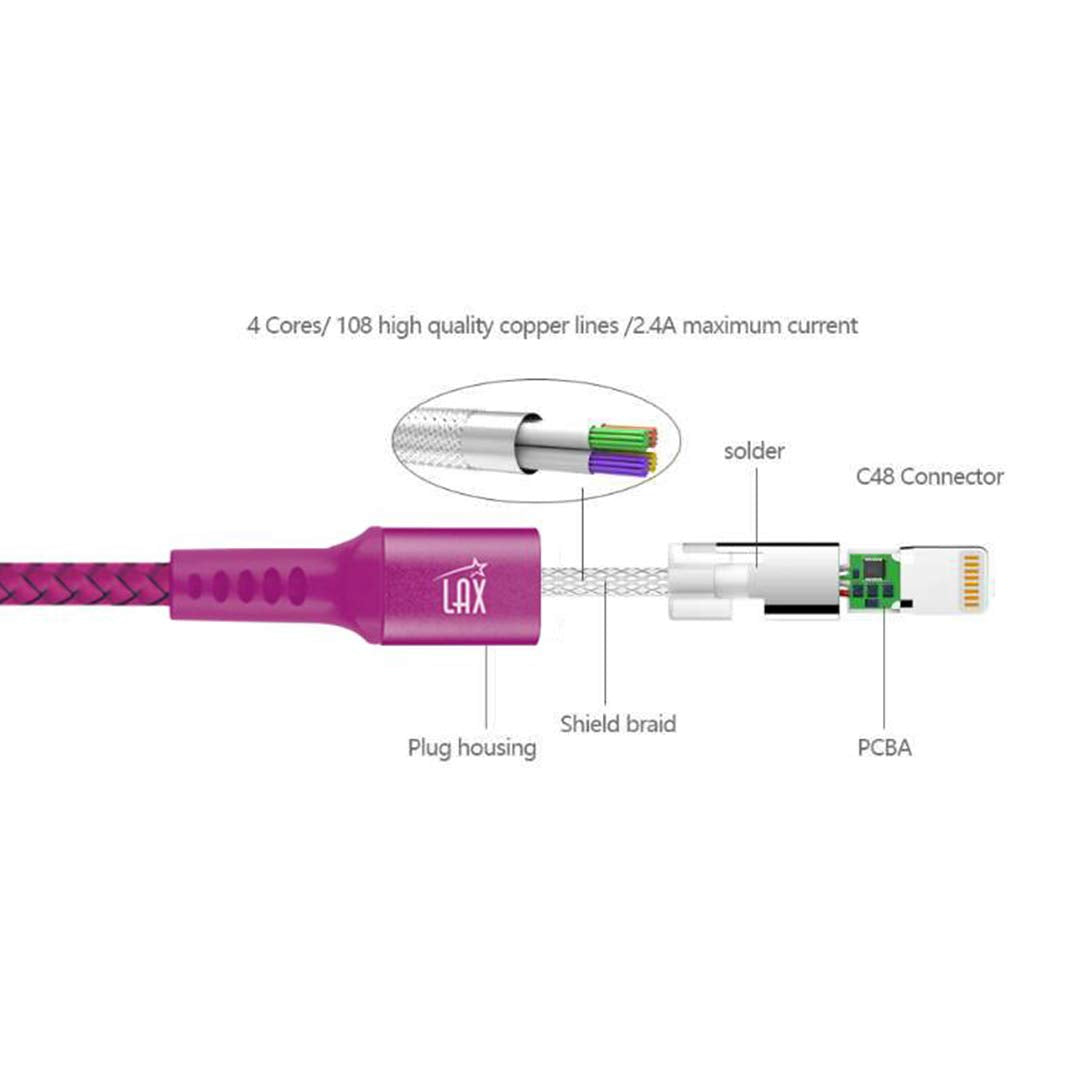 LAX Gadgets MFi Certified Fast Charging Braided Nylon iPhone Lightning Cable 4ft Magenta