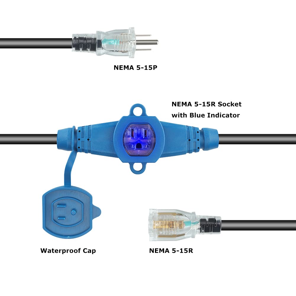 30 Feet Multi Outlet Extension Cord 12 Gauge,7 Nema 5 15R Evenly Spaced Outlets With Blue Indicators,Male Plug To Female Connect