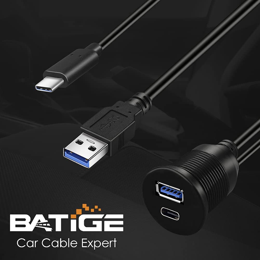 Batige Type C 3.1 And Usb 3.0 Car Mount Flush Cable Male To Female Waterproof Extension For Car Truck Boat Motorcycle Dashboard Panel   3Ft