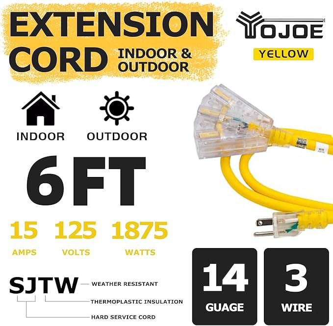 Yojoe 3 Outlets Indoor Outdoor Extension Cord With Lighted End, 3 Prong 15A Weatherproof Power Cord, 14 Gauge Heavy Duty 6 Ft Ye