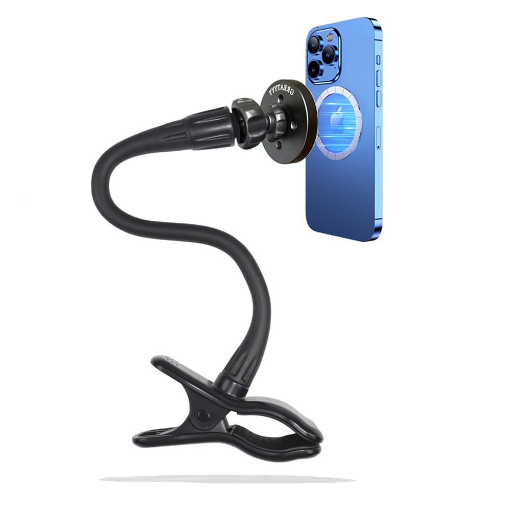 GreatYYT Magnetic Gooseneck Phone Holder Clamp Mount for Magsafe,Cell Phone Clamp Clip for Guitar, Bass, Desk, Pole, Magnet Phon