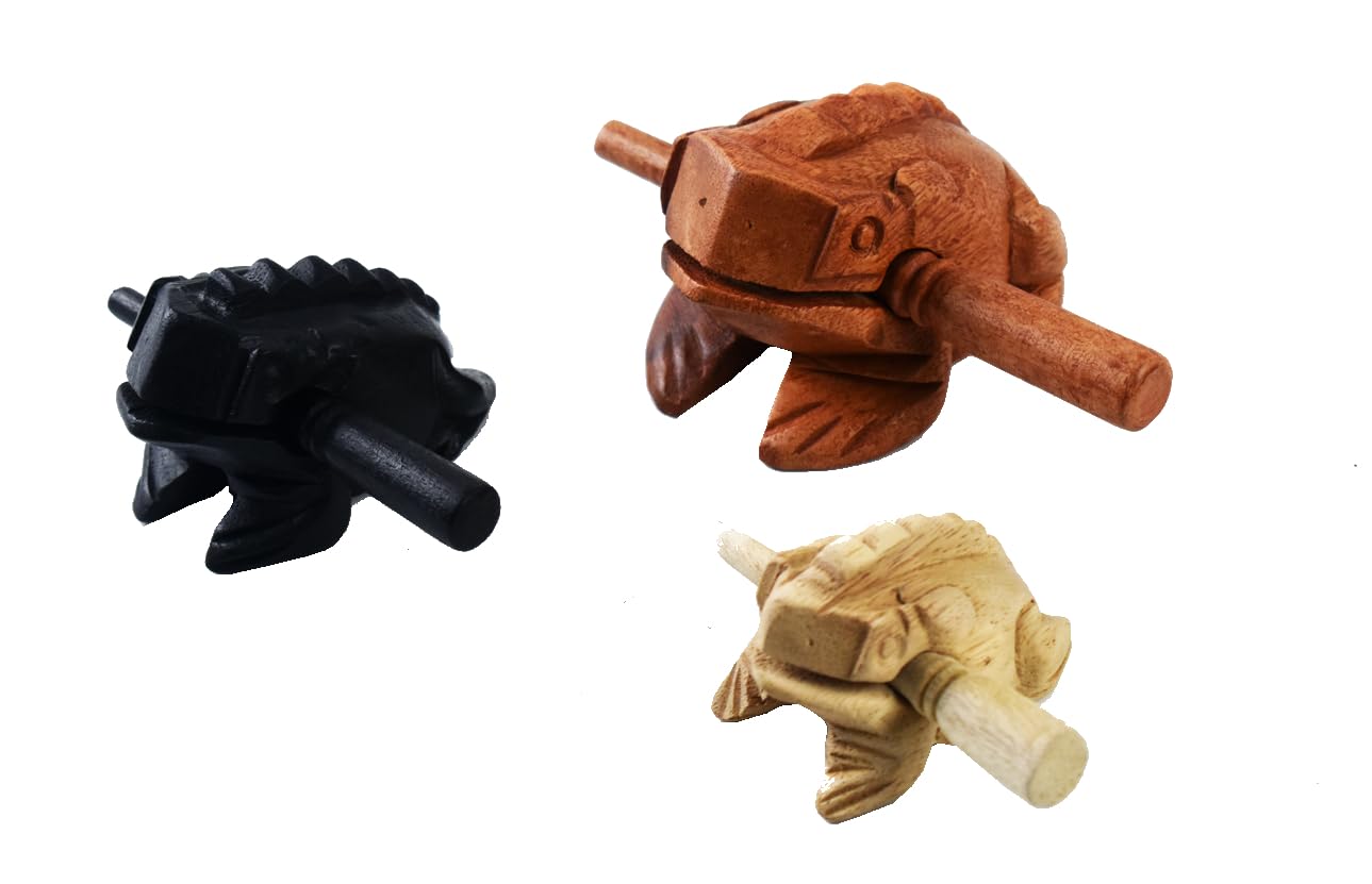 Percussion Instruments Wooden Frog 3 Piece Set Of 4 Inch Brow Frog, 3 Inch Black Frog, 2 Inch Natural Wood Frog, Products From T