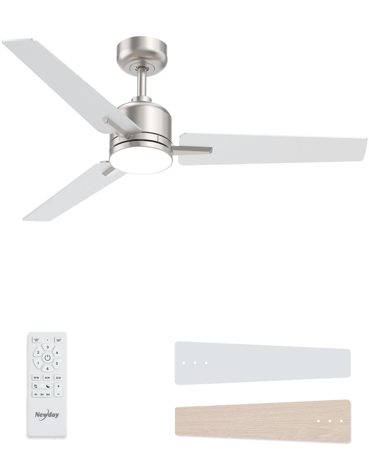 52 inch Ceiling Fans with Lights and Remote, Brushed Nickel Ceiling Fan, 6 Speed Reversible, 3CCT, Dimmable, Noiseless, 3 Blades